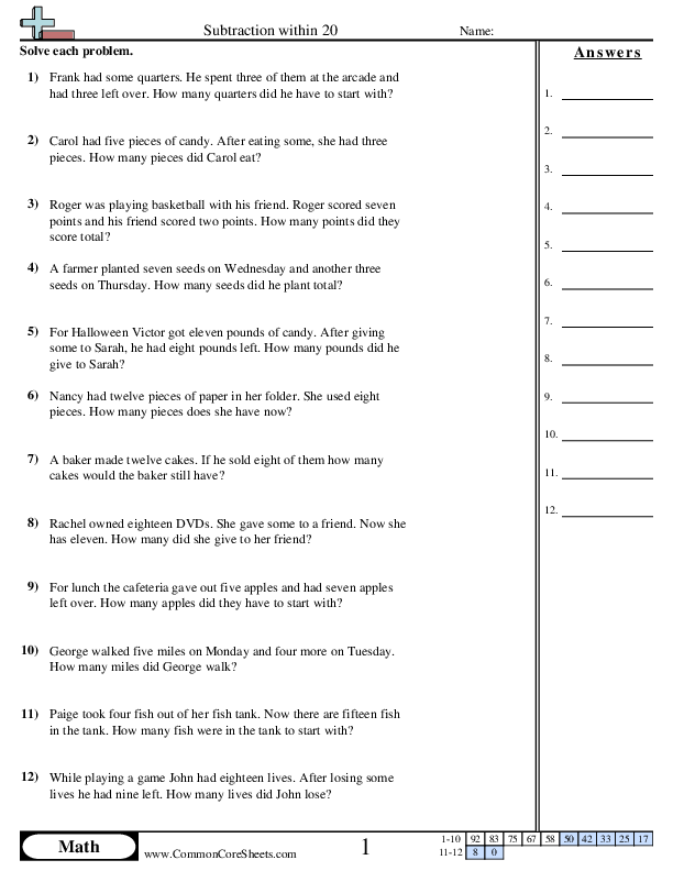Word Subtraction Within 20 Worksheet - Word Subtraction Within 20 worksheet